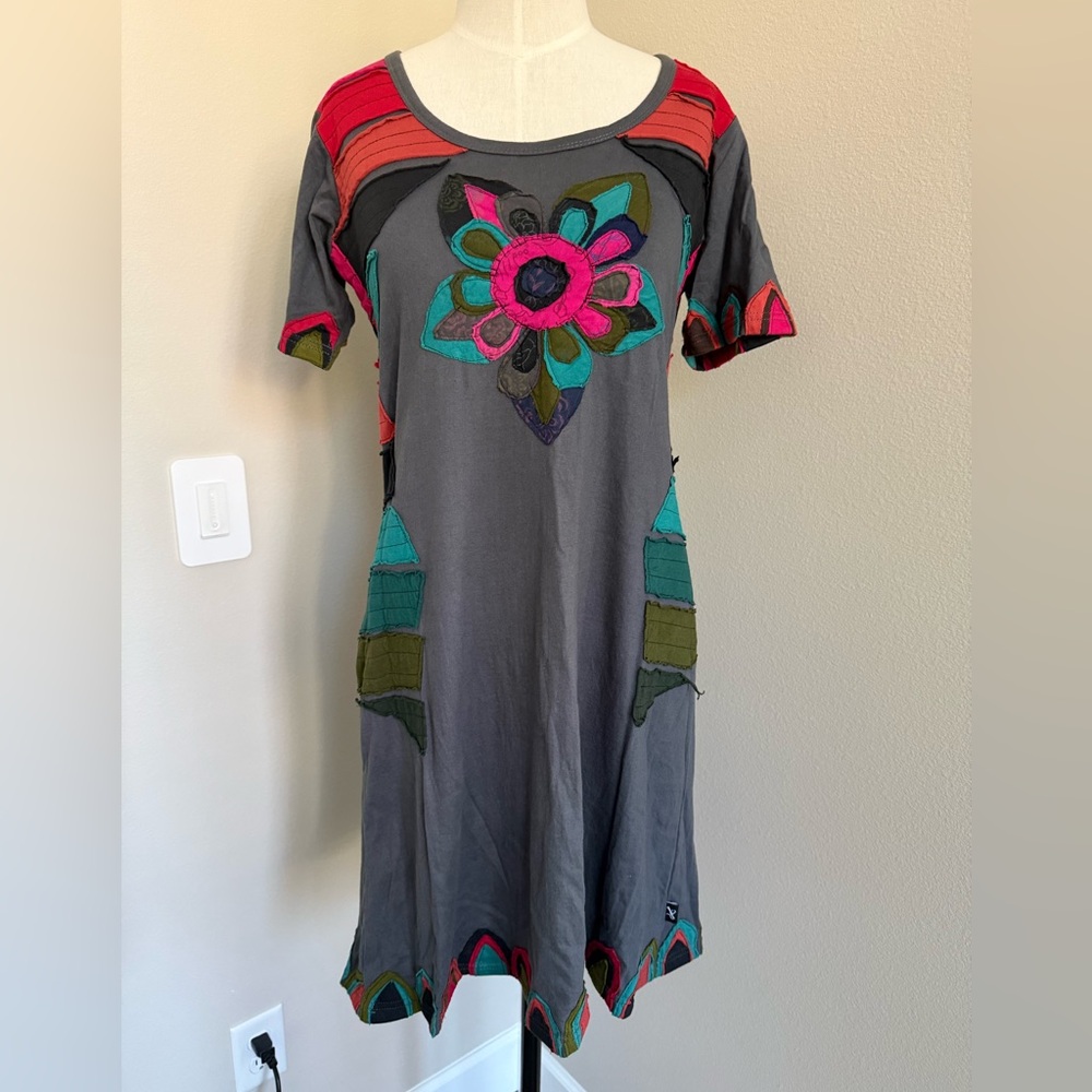Leopards and Roses Gray Short-Sleeve Dress with Colorful Floral Appliqué